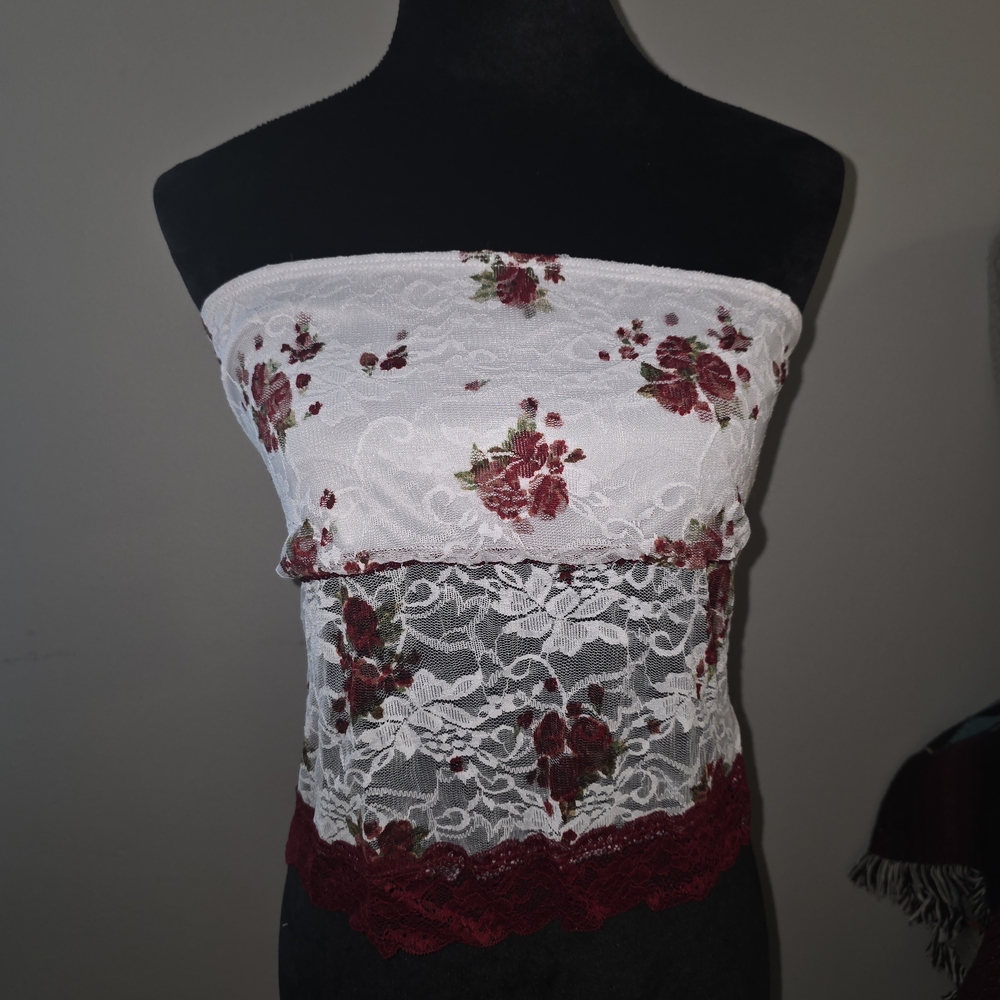 Urban Renewal Lace Tube Top with Red and White Floral Design
